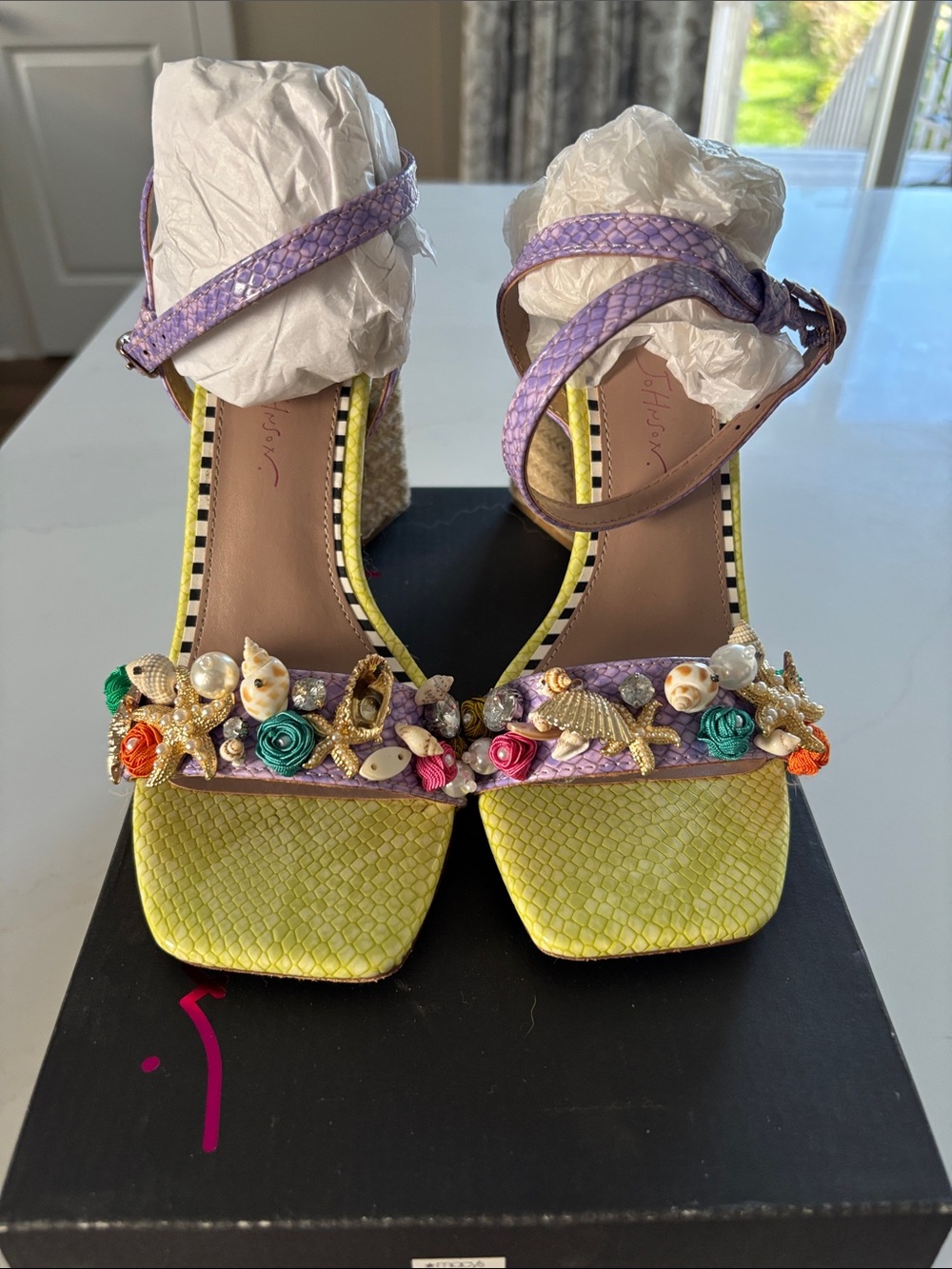 Betsey Johnson Yellow & Purple Floral Pearl Embellished Block Heel Sandals - Picture 9 of 11